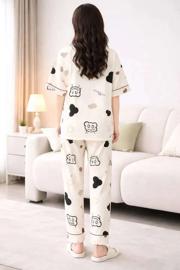 Cream_Printed_Short_Sleeve_Sleepwear_Set_For_Women