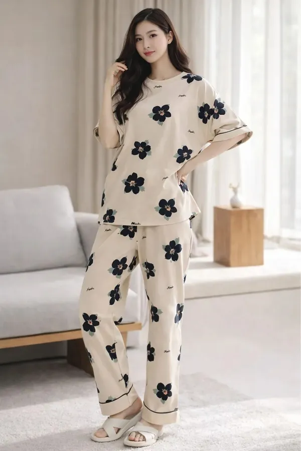 Cream_Floral_Print_Short_Sleeve_Sleepwear_Set_For_Women