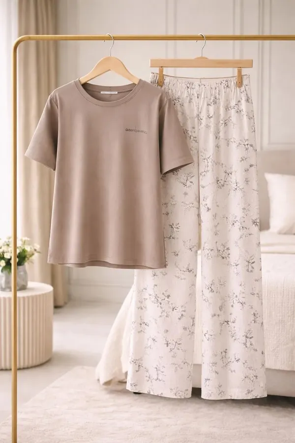 Taupe_Floral_Print_Pajama_Set_for_Women