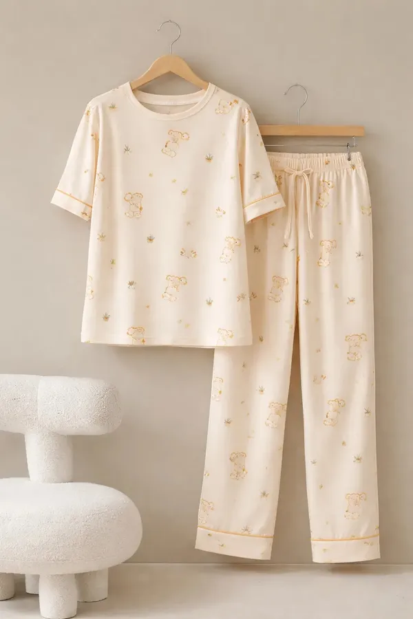 Cream_Printed_Short_Sleeve_Pajama_Set_for_Kids
