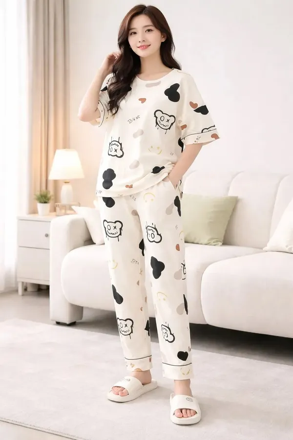 Cream_Printed_Short_Sleeve_Sleepwear_Set_For_Women