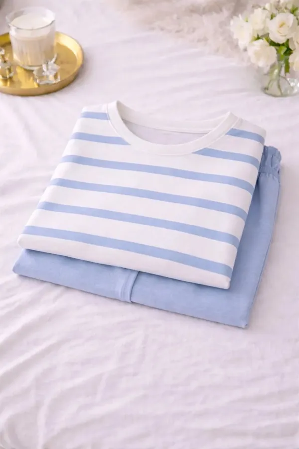 Blue_Striped_Short_Sleeve_Sleepwear_Set_For_Women