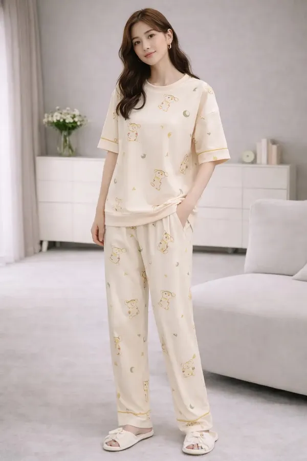 Cream_Printed_Short_Sleeve_Pajama_Set_for_Kids