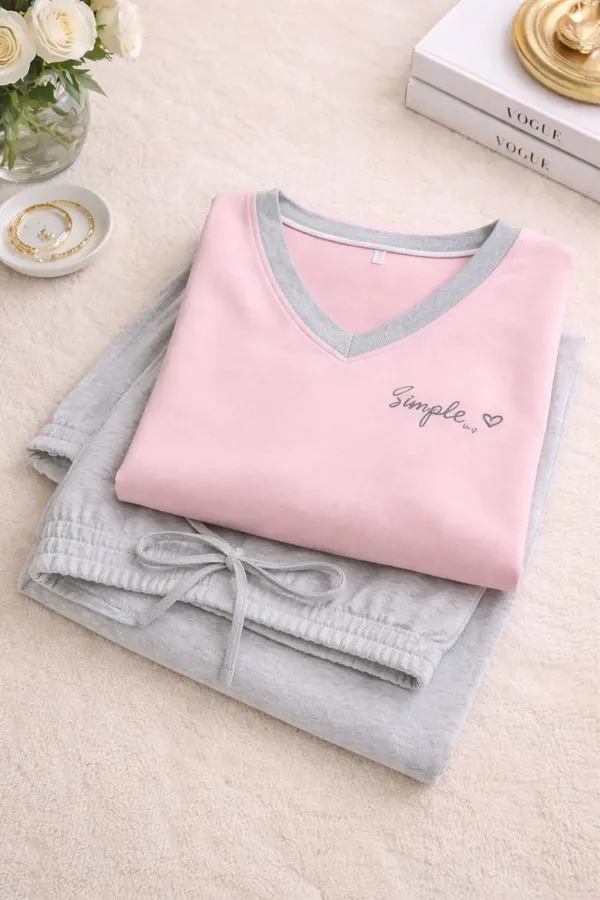 Pink_And_Grey_Short_Sleeve_Sleepwear_Set_for_Women