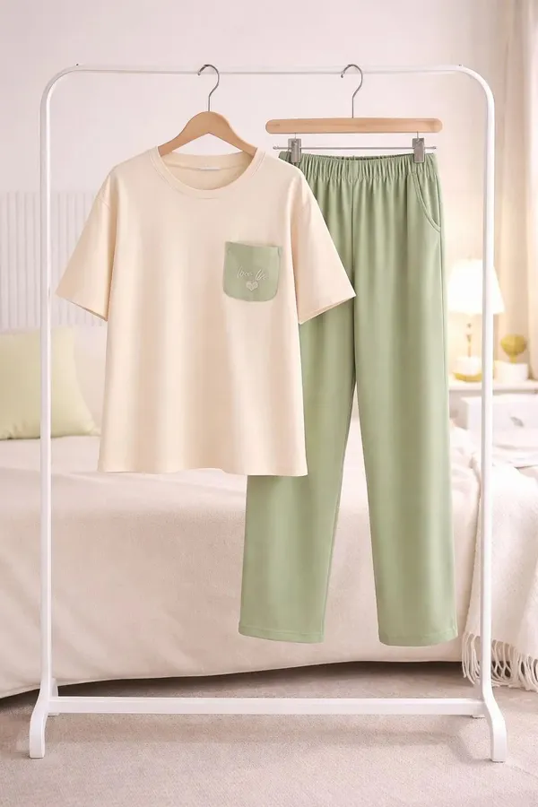 Cream_And_Green_Relaxed_Fit_Sleepwear_Set_for_Women
