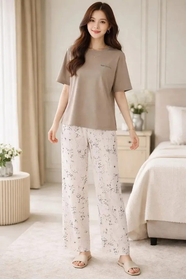 Taupe_Floral_Print_Pajama_Set_for_Women