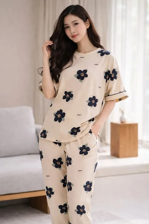 Cream_Floral_Print_Short_Sleeve_Sleepwear_Set_For_Women