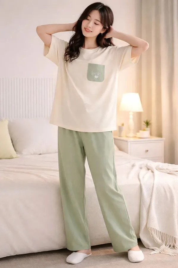 Cream_And_Green_Relaxed_Fit_Sleepwear_Set_for_Women