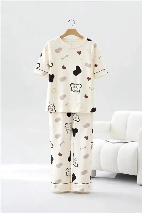 Cream_Printed_Short_Sleeve_Sleepwear_Set_For_Women