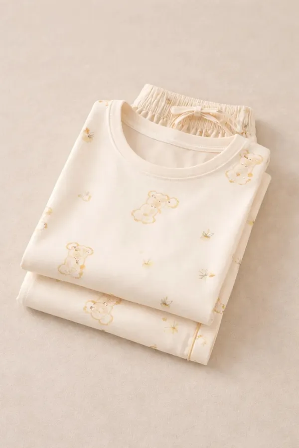 Cream_Printed_Short_Sleeve_Pajama_Set_for_Kids