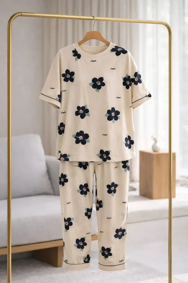 Cream_Floral_Print_Short_Sleeve_Sleepwear_Set_For_Women