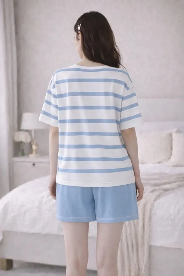 Blue_Striped_Short_Sleeve_Sleepwear_Set_For_Women
