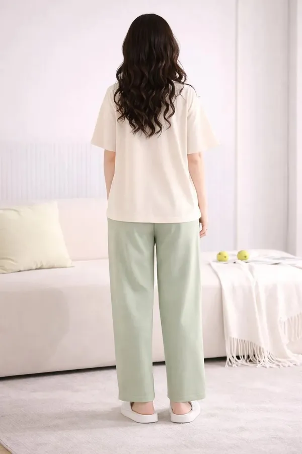 Cream_And_Green_Relaxed_Fit_Sleepwear_Set_for_Women