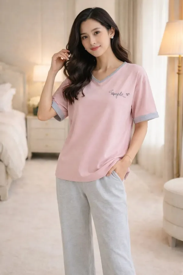 Pink_And_Grey_Short_Sleeve_Sleepwear_Set_for_Women