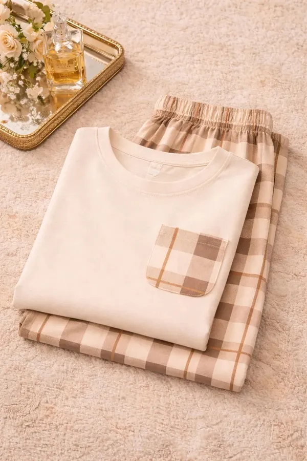 Cream_Plaid_Short_Sleeve_Pajama_Set_for_Women