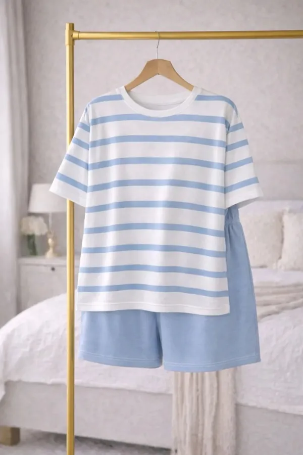 Blue_Striped_Short_Sleeve_Sleepwear_Set_For_Women