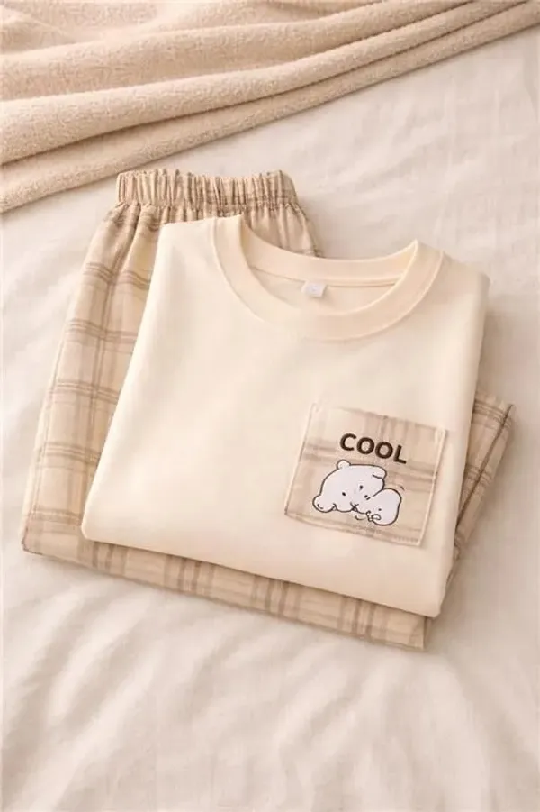 Cream_Check_Print_Relaxed_Fit_Sleepwear_Set_For_Women
