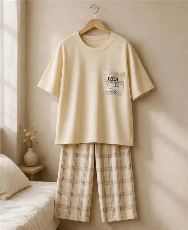 Cream_Check_Print_Relaxed_Fit_Sleepwear_Set_For_Women