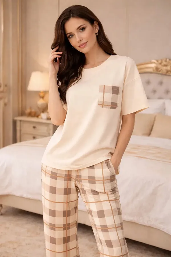 Cream_Plaid_Short_Sleeve_Pajama_Set_for_Women