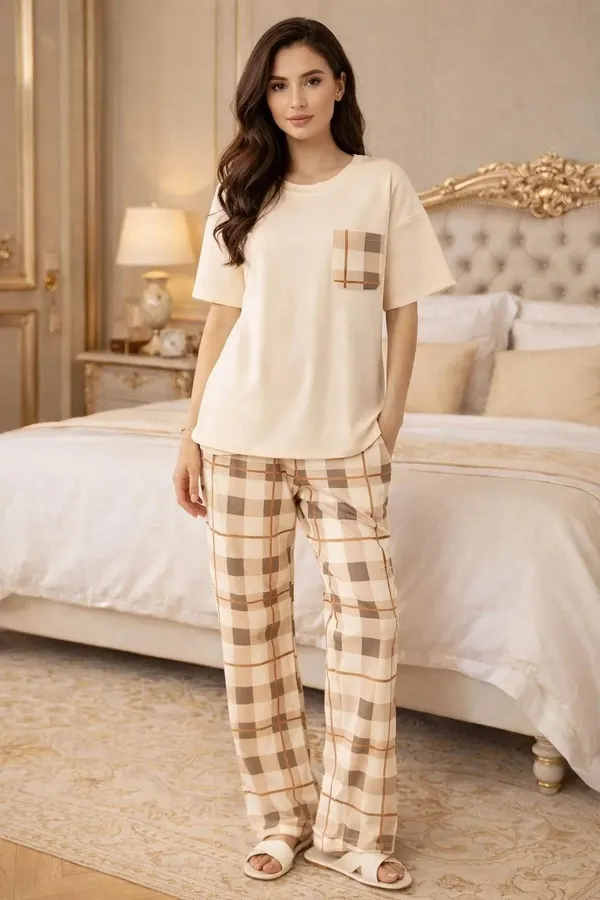 Cream_Plaid_Short_Sleeve_Pajama_Set_for_Women