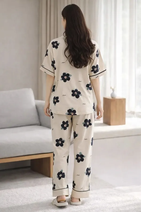 Cream_Floral_Print_Short_Sleeve_Sleepwear_Set_For_Women
