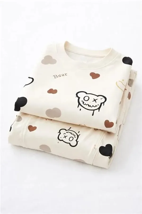 Cream_Printed_Short_Sleeve_Sleepwear_Set_For_Women