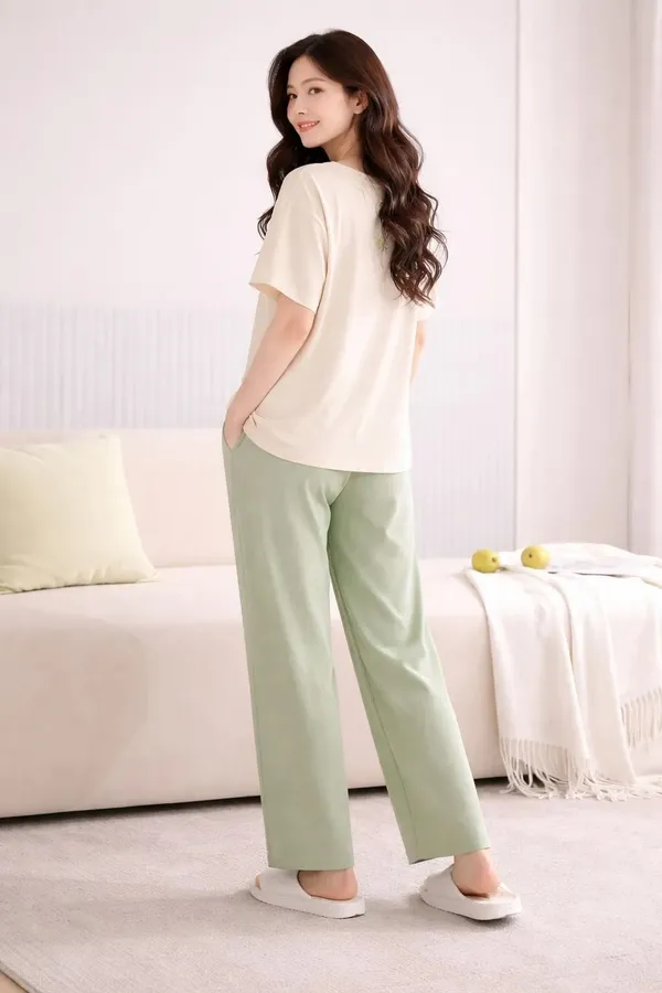 Cream_And_Green_Relaxed_Fit_Sleepwear_Set_for_Women