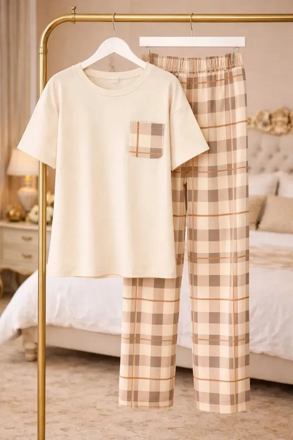 Cream_Plaid_Short_Sleeve_Pajama_Set_for_Women
