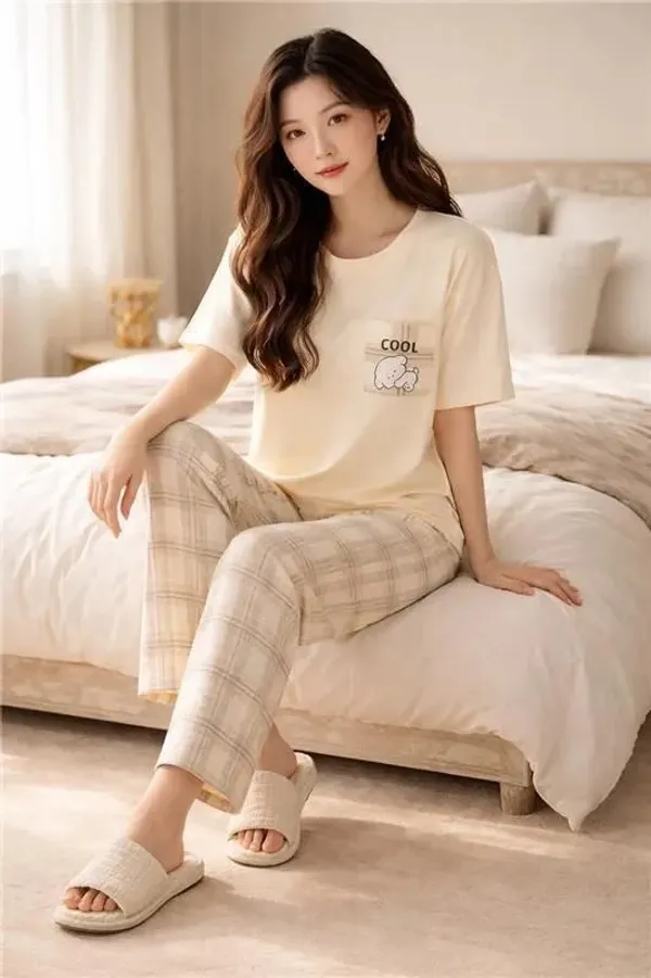 Cream_Check_Print_Relaxed_Fit_Sleepwear_Set_For_Women