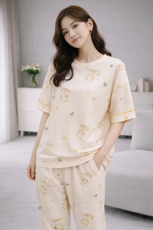 Cream_Printed_Short_Sleeve_Pajama_Set_for_Kids