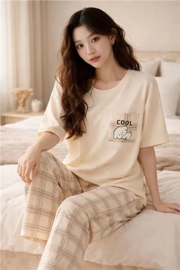 Cream_Check_Print_Relaxed_Fit_Sleepwear_Set_For_Women