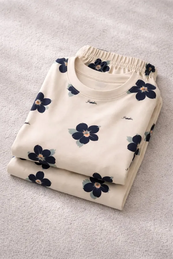 Cream_Floral_Print_Short_Sleeve_Sleepwear_Set_For_Women
