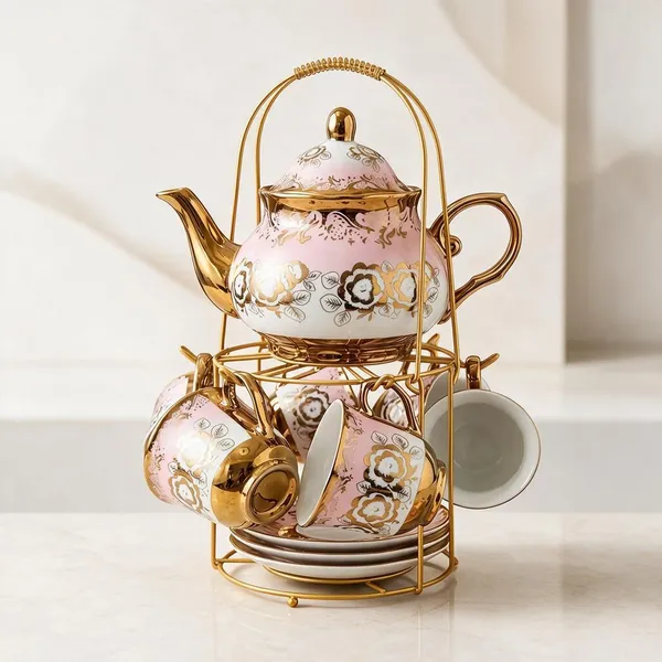 Ceramic_Floral_Print_Pink_Cup_Saucer_Set_With_Kettle