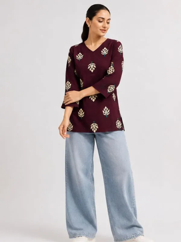 Maroon_Cotton_Straight_Buta_Printed_Kurti_For_Women