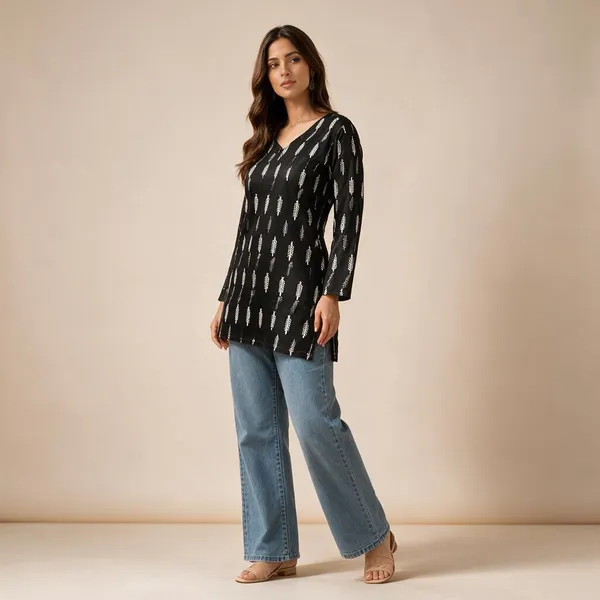 Black_Cotton_Straight_Leaf_Printed_Kurti_For_Women