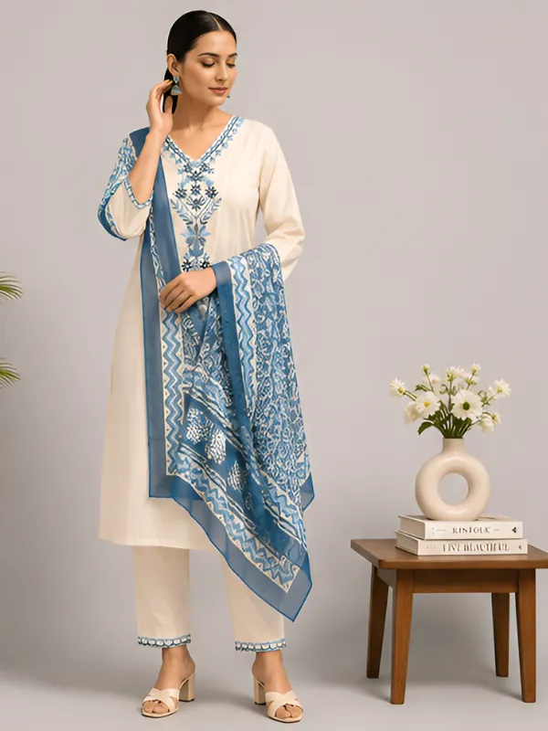 Cream_Blue_Viscose_Rayon_Straight_Kurta_Set_For_Women