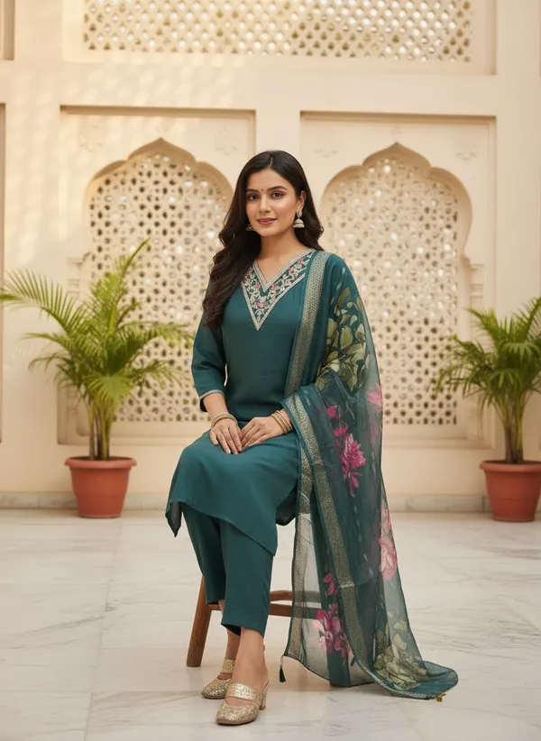 Teal_Roman_Silk_Straight_Floral_Printed_Kurta_Set_For_Women