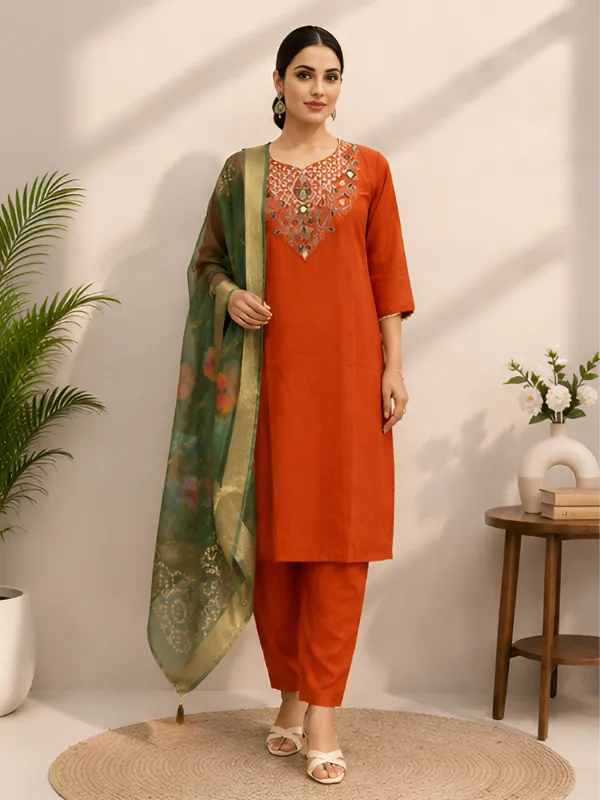 Orange_Roman_Silk_Straight_Embroidered_Kurta_Pant_Set_For_Women