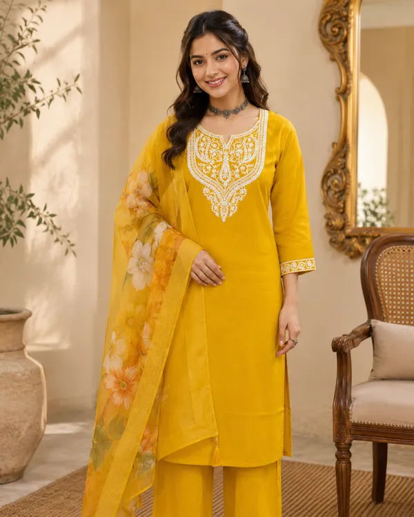 Yellow_Roman_Silk_Straight_Embroidered_Kurta_Set_For_Women