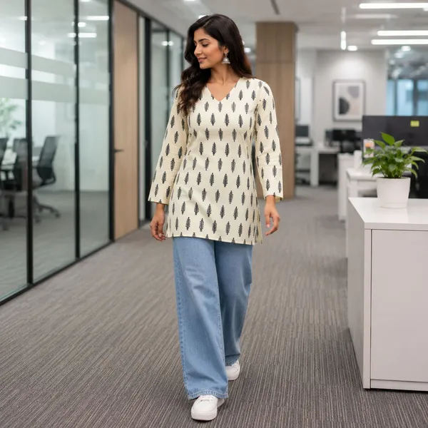 Cream_Cotton_Straight_Leaf_Printed_Kurta_For_Women