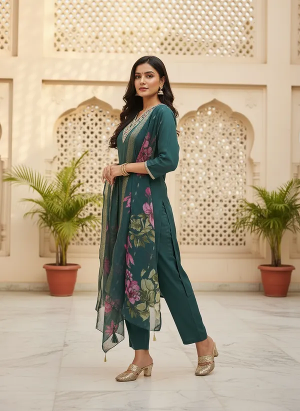 Teal_Roman_Silk_Straight_Floral_Printed_Kurta_Set_For_Women