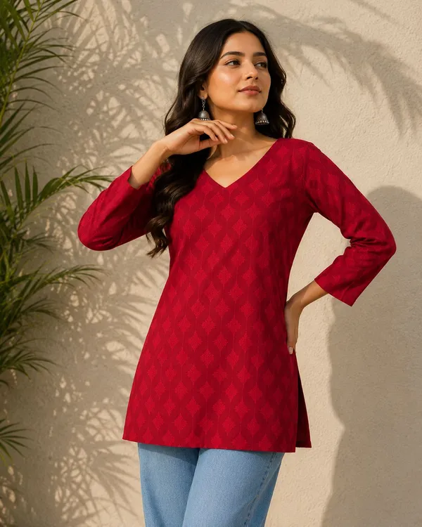 Red_Cotton_Straight_Geometric_Printed_Kurta_For_Women