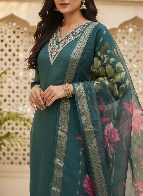 Teal_Roman_Silk_Straight_Floral_Printed_Kurta_Set_For_Women