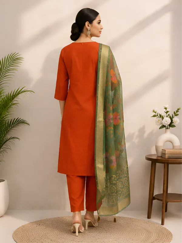 Orange_Roman_Silk_Straight_Embroidered_Kurta_Pant_Set_For_Women