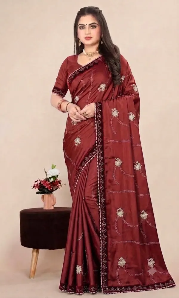 Maroon_Heavy_Chinnon_Floral_Print_Saree_For_Women