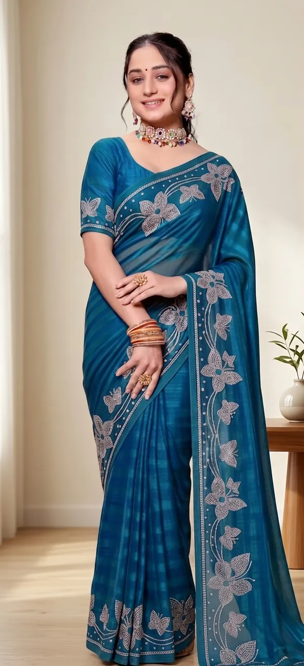 Blue_Silk_Floral_Embellished_Saree_For_Women
