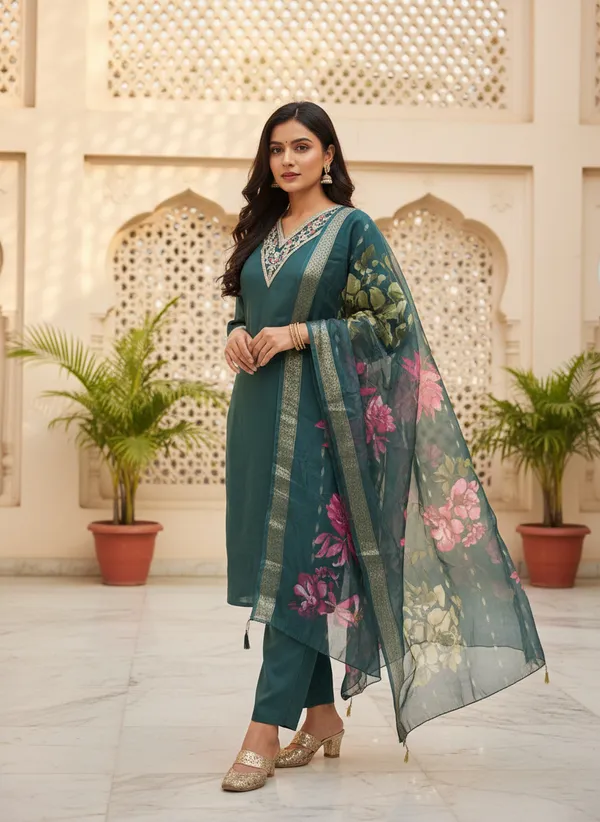 Teal_Roman_Silk_Straight_Floral_Printed_Kurta_Set_For_Women