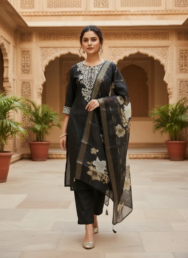 Black_Roman_Silk_Straight_Floral_Print_Kurta_Set_For_Women