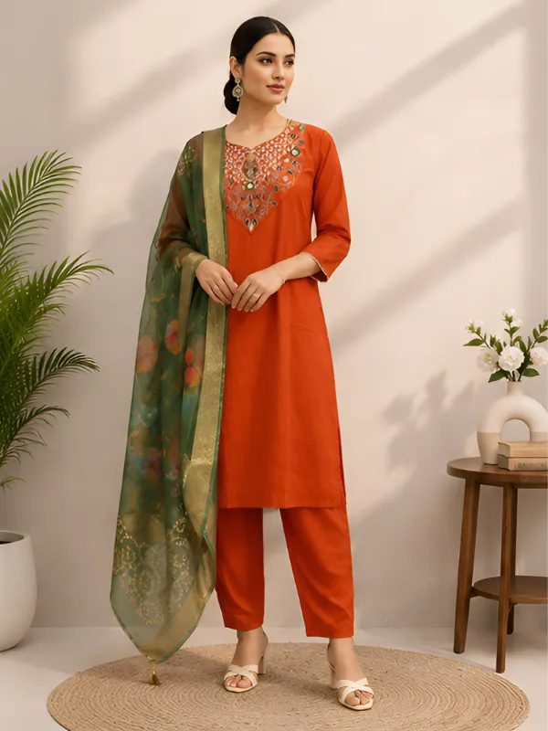 Orange_Roman_Silk_Straight_Embroidered_Kurta_Pant_Set_For_Women