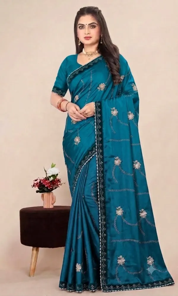 Teal_Heavy_Chinnon_Embroidered_Saree_For_Women